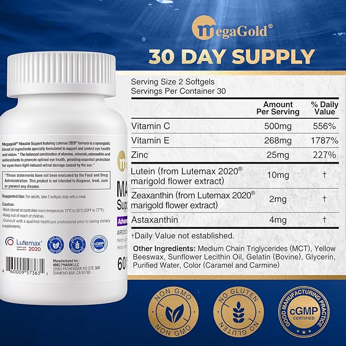Macular Support Advanced Formula - Eye Supplements for Vision & Macular Health*, Contains Lutein & Zeaxanthin, Vitamins C & E, Zinc, and Astaxanthin, for Seniors & Adults - 60 Count Softgels