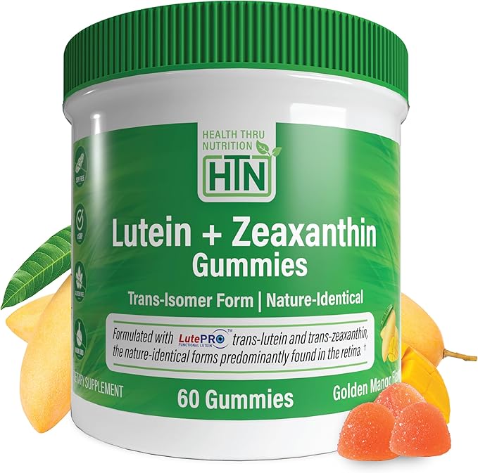 Health Thru Nutrition Lutein + Zeaxanthin Gummies | Trans-Isomer Form | 20mg Lutein & 4mg Zeaxanthin Trans-isomers | Golden Mango Flavor | Eye Support | Non-GMO, Vegan| 60 Gummies