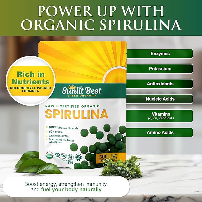 Sunlit Best Spirulina Tablets - Organic Spirulina Tablets USDA Premium 500 Count - Natural Spirulinas Organic Burst for Immune Support Muscle Growth, Energy Boost w/Chlorophyll - High Protein, Non GMO