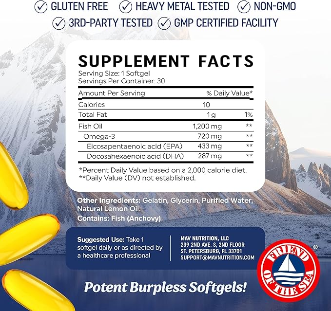 Triple Strength Omega 3 Fish Oil 1200 mg | EPA & DHA | Wild Caught, Sustainably Sourced Omega-3 Fatty Acids | Premium Burpless Fish Oil Supplements | Non-GMO, Third-Party Tested | 30 Softgels