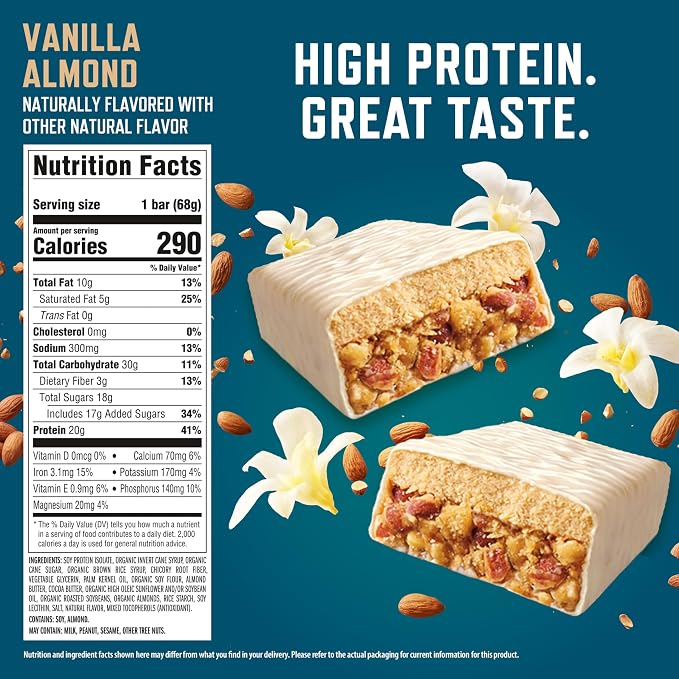 CLIF BUILDERS Protein Bars - Vanilla Almond Flavor - 20g Plant Based Protein - Gluten Free - Non-GMO - Low Glycemic - No Artificial Sweeteners - 2.4 oz. (Pack of 144)