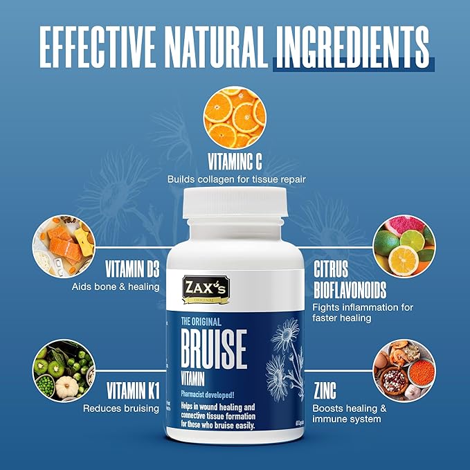 ZAX'S Bruise Vitamin Pharmacist Developed Bruising Supplements Potent Bruising Swelling Reducer, Zinc, Vitamin K, D3, Ascorbic Acid, Citrus Bioflavonoids, 60 Caps, Combine Arnica Bruise Cream