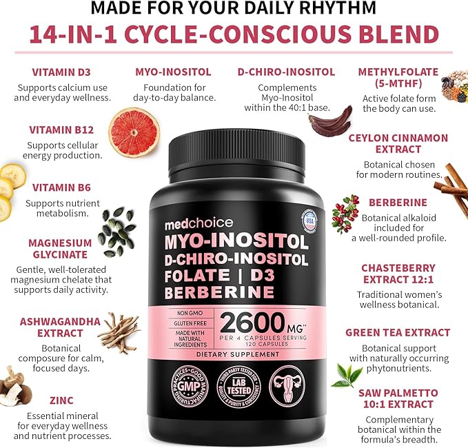 14-in-1 Women’s Inositol Complex Supplement – 40:1 Myo & D-Chiro Inositol with Folate, Vitamin D3, Zinc, Magnesium & Botanicals for Hormone & Feminine Wellness Support – (120 Capsules) (Pack of 3)