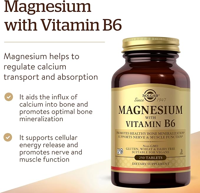 Solgar Magnesium with Vitamin B6, 250 Tablets - Promote Healthy Bone Mineralization, Support Nerve & Muscle Function, Energy Metabolism - Non-GMO, Vegan, Gluten Free, Dairy Free, Kosher - 83 Servings