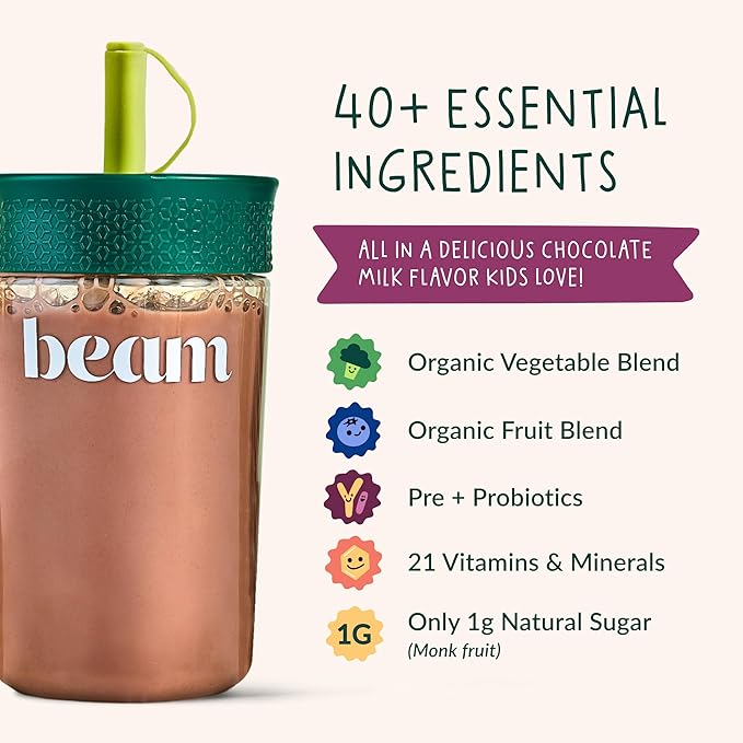 Beam Kids Multivitamin Powder – Kids Vitamins with Greens, Probiotic & Prebiotic, Immune Support for Children & Toddlers, No Artificial Sweeteners, for Picky Eaters, 20 Servings, Chocolate Flavor