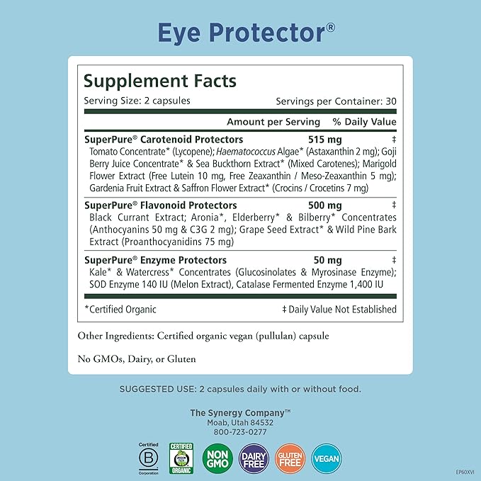 PURE SYNERGY Eye Protector | 100% Natural, Vegan Eye Health Supplement | with Organic Astaxanthin, Lutein, & Zeaxanthin | for Healthy Vision (60 Capsules)