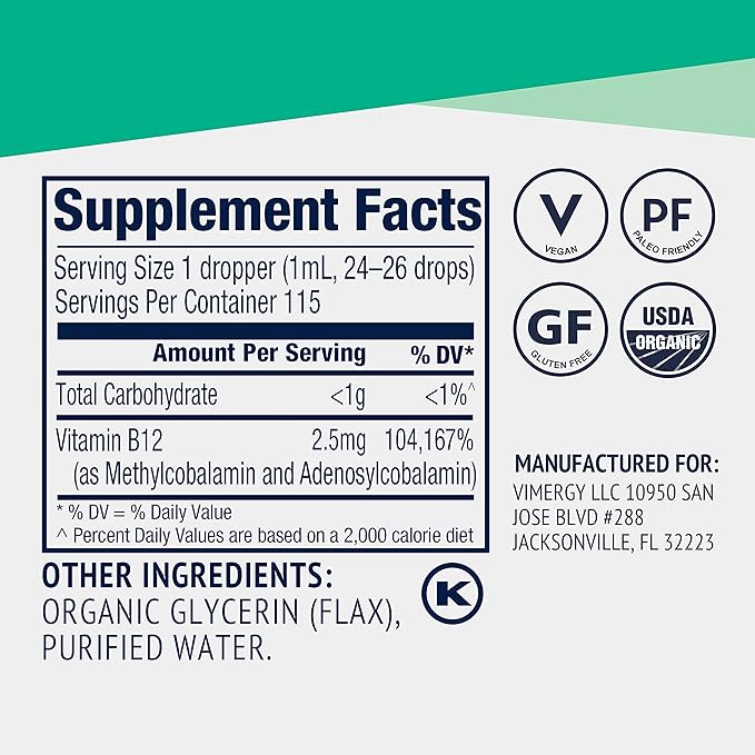 Vimergy USDA Organic Liquid Vitamin B12 Supplement 2500 mcg, Methylcobalamin & Adenosylcobalamin Fast-Absorbing Energy Support, Vegan, Non-GMO B12 Vitamins for Women & Men 115 Serving (115 mL)