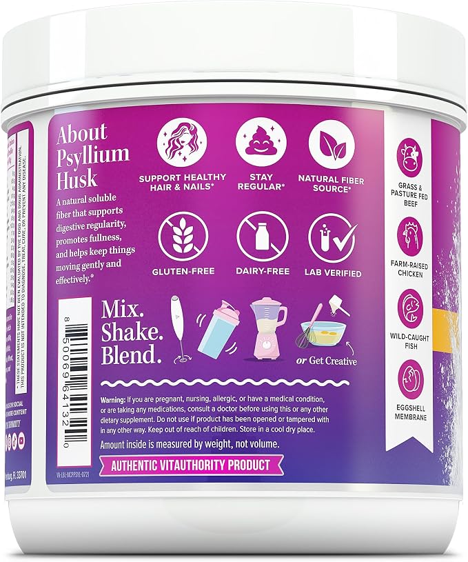 Vitauthority Multi Collagen Protein Powder + Fiber Supplement Collagen Types I, II, III, V & X | Hair, Skin, Nail, & Digestive Support | Vitamin C & Hyaluronic Acid, Unflavored 30 Servings