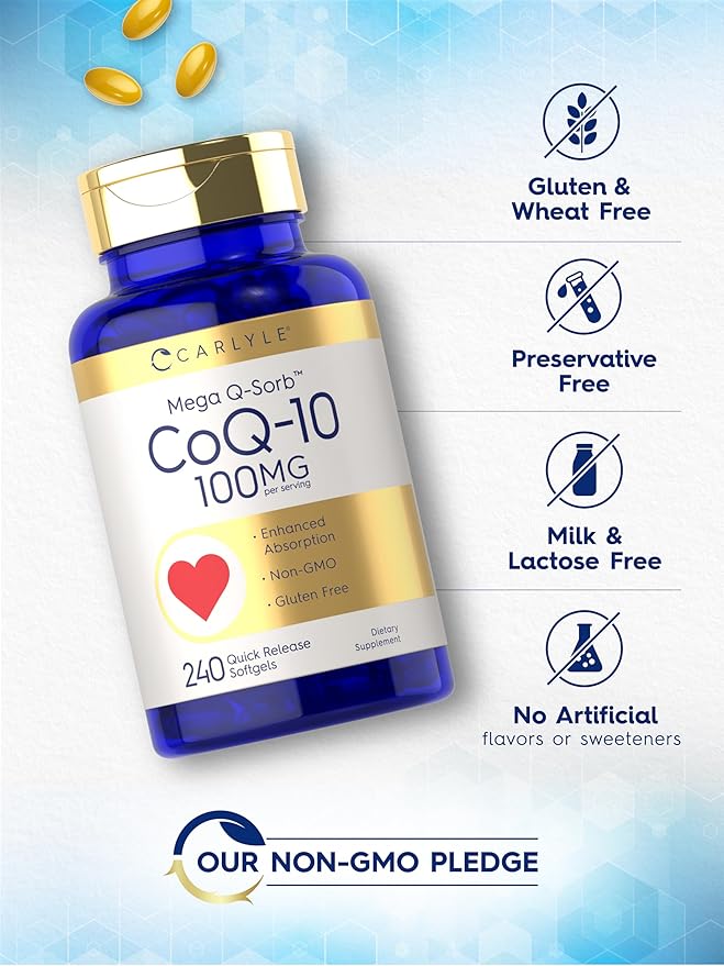 Carlyle CoQ10 100mg Softgels | 240 Count | Mega Q-Sorb Coenzyme Q-10 | with Black Pepper Extract | Non-GMO and Gluten Free Supplement
