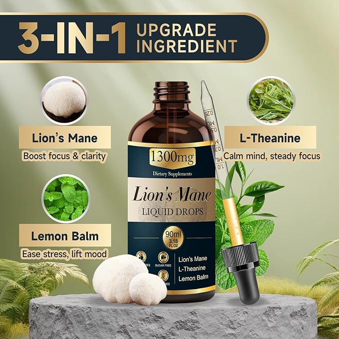 2 Pack*90ml Lions Mane Liquid Drops Organic Mushrooms Supplement with L-Theanine Lemon Balm Lion's Mane Extract Drop for Adults Brain Support for Memory Focus Clarity Free of Alcohol Sugar Tasteless