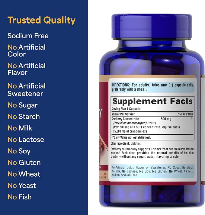 Puritan's Pride Naturally Sourced Cranberry One Per Day Fruit Concentrate 500mg, 50:1 Dietary Supplement for Urinary Tract Support, 4 Month Supply, 120 Rapid Release Capsules, 2 Pack
