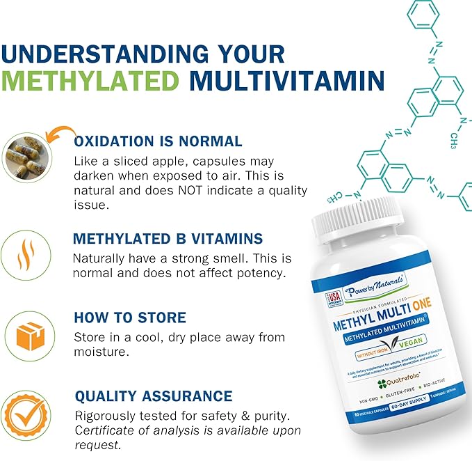 Power By Naturals Methyl Multi One – Iron-Free Methylated Multivitamin with 5-MTHF, Methyl B12 & CoQ10 – Methylation Support for Men & Women – Vegan, Non-GMO – 60 Capsules (2-Month Supply)