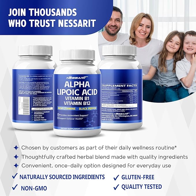 Alpha Lipoic Acid High Potency with Vitamin B1, Vitamin B12, Benfotiamine, Ubiquinol, Black Pepper - Support Cellular Health - 150 Count