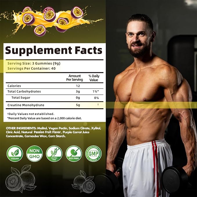 Nutravita NSF Certified Creatine Gummy - Creatine Monohydrate Gummies for Men & Women-5g of Creatine Monohydrate per Serving - Sugar Free,Vegan, Passion Fruit Flavor, 120 Count