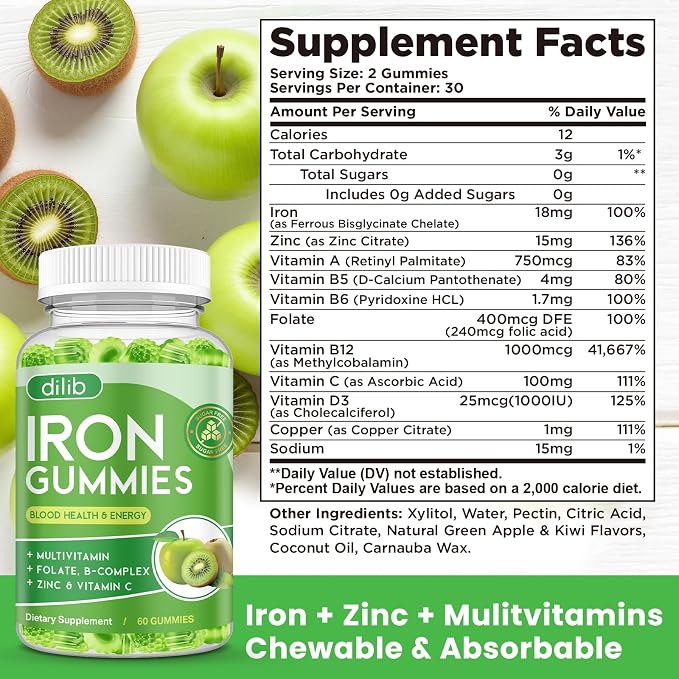 Iron Gummies with Multivitamin, Iron Supplement for Women & Men with Zinc, Vitamin B Complex & C, B12, Folate - Blood Builder & Energy Support for Adults & Kids - Green Apple & Kiwi Filled Gummies