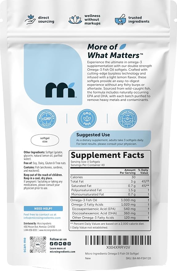 Micro Ingredients Omega 3 Fish Oil Supplements 3,000mg Per Serving, 120 Softgels | Lemon Flavored – Burpless | EPA 540mg + DHA 360mg | Deep Sea Fish