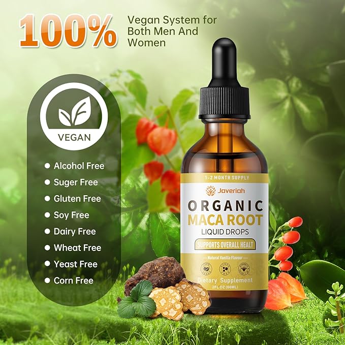 Organic Maca Root Liquid Drops with Ashwagandha,Goji Berry,Ginger,Magnesium and L-Arginine for Women and Men,Ashwagandha Maca Root Supplements Tincture 4 Fl Oz 2 Pack