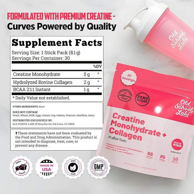 Old School Labs Creatine for Women – Post-Workout Supplement with 5000mg Creatine Monohydrate Powder, 2000mg Collagen & BCAA 2:1:1 for Strength Support & Recovery – Unflavored - 1 Ounce (Pack of 30)
