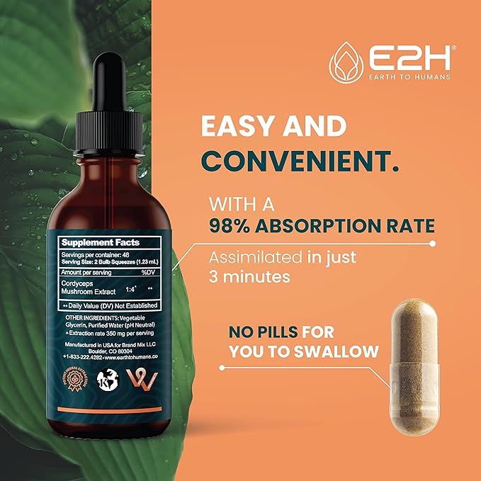 Cordyceps Mushroom Supplement - Faster Absorption Than Cordyceps Mushroom Capsules or Powder - Our Cordyceps Extract Promotes Energy & Stamina Support - Mushroom Extract - 2 Fl Oz by E2H