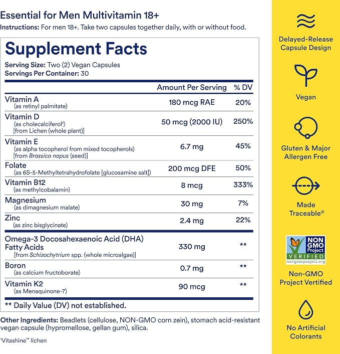 Ritual Men’s 18+ Daily Multivitamin - Key Essential Vitamins and Minerals to Support Energy, Muscle, Heart, Brain Health* - Including Zinc, D3, B12, A, K2 - Vegan - Mint - 60 Capsules - 30 Servings