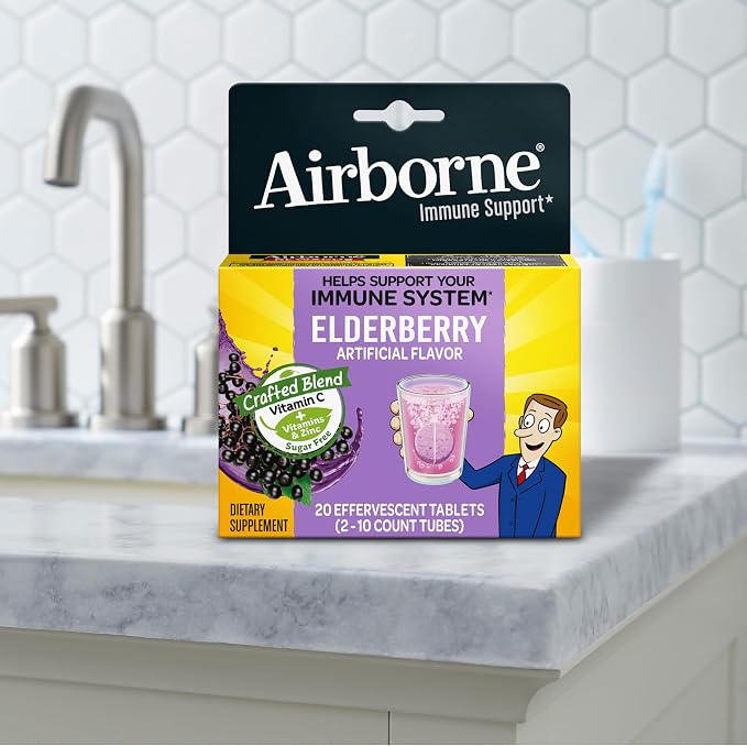 Airborne Elderberry + Zinc & Vitamin C Effervescent Tablets, Immune Support Supplement with Powerful Antioxidant Vitamins A C E, 20 Fizzy Drink Tablets, Elderberry Flavor