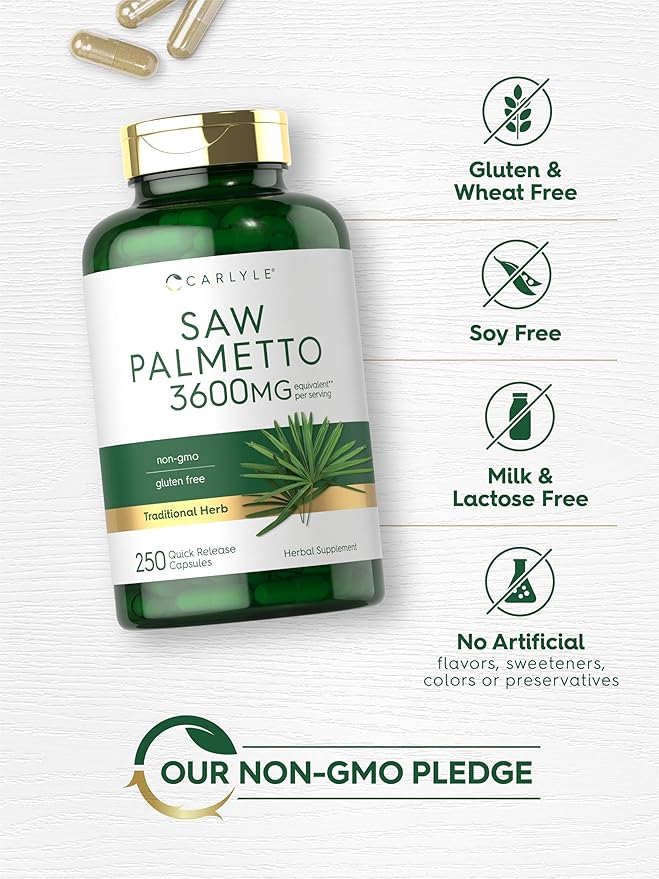 Carlyle Saw Palmetto for Men and Women | 250 Capsules | Herb Extract Supplement | Serenoa Repens | Non-GMO and Gluten Free