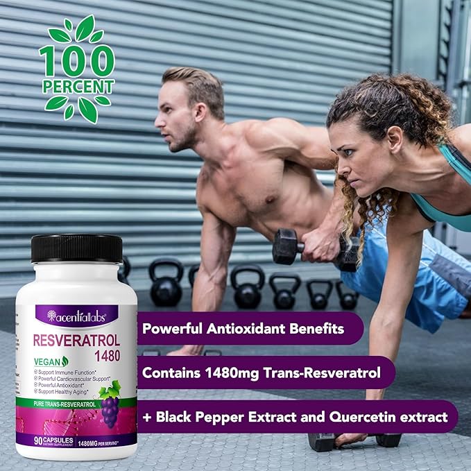 100% Natural Resveratrol - 1480mg Per Serving, 90 Veggie Capsules, 99% Pure Trans-Resveratrol, Antioxidant for Healthy Aging, Brain & Heart Support
