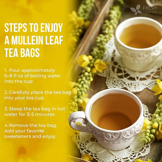 FreshDrinkUS, Premium 80 Mullein Leaf Tea Bags – 100% Natural, Pure, & Caffeine-Free Herbal Tea for Lung – Loose Leaf, No Sugar, Vegan, Gluten-Free, Made with Natural Material Tea Bags