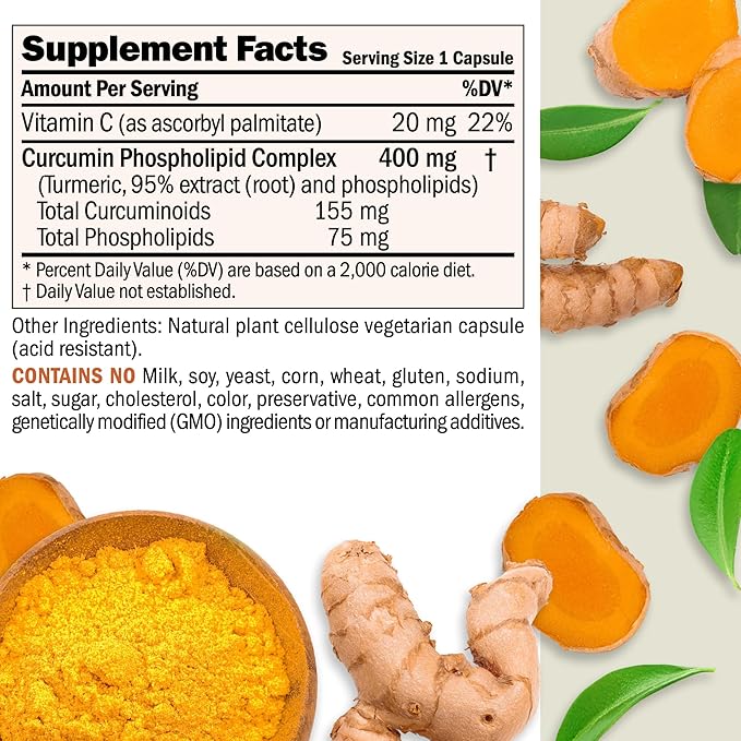 ANDREW LESSMAN Turmeric 400mg - 30 Capsules - 95% Curcuminoids as Phospholipid Complex for Optimum Benefits and Absorption, High Potency Standardized Extract, Small Easy to Swallow Capsules