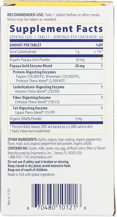 Enzymedica Papaya Gold, Advanced Digestive Enzymes with Natural Organic Papaya & Chlorophyll for Comprehensive Digestion Support, High Potency Bromelain & Papain, Vegan, Mint, 60 Chewable Tablets