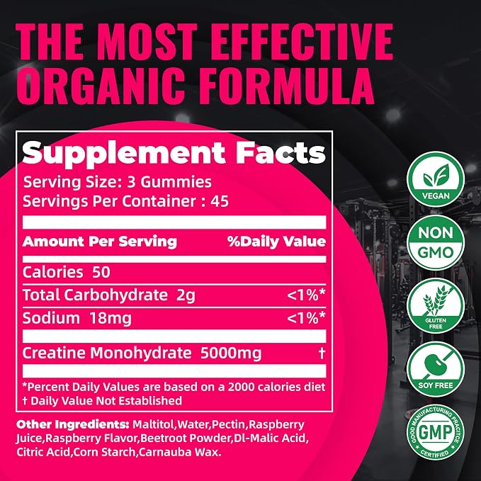 Natures Aid NSF Certified Creatine Gummy 5g - Creatine Monohydrate Gummies – Pre-Workout Energy & Muscle Growth Support for Men & Women | Raspberry Electrolyte Gummies (135 Count)