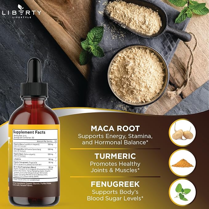 Organic Maca Root Liquid Drops with Ashwagandha, Nettle, Fenugreek, Beet Root and L-Arginine Liquid Multivitamin for Women and Men - 4oz