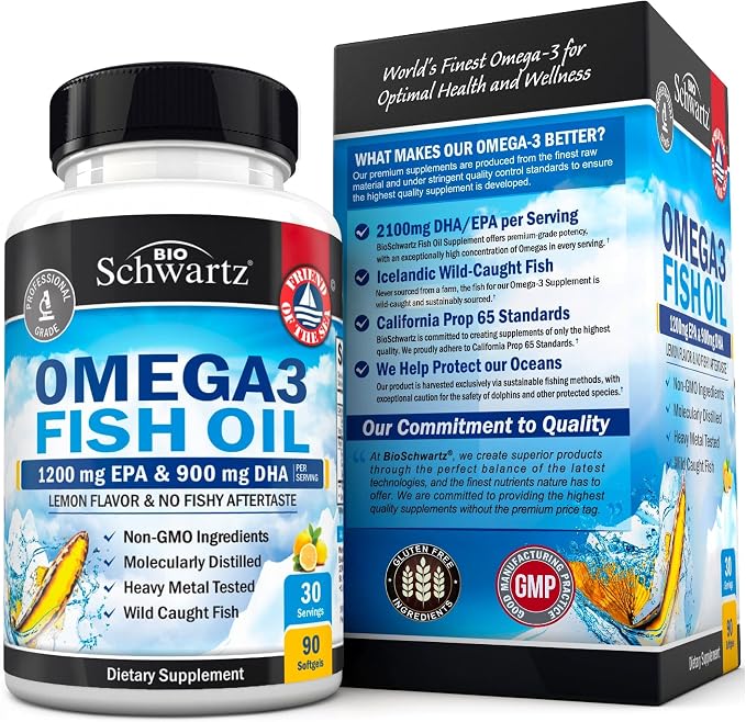 Triple Strength Omega 3 Fish Oil 3000mg - High Potency Omega 3 Supplement for Women and Men, Burpless Lemon Flavor Fish Oil - 2250mg Essential Fatty Acids with DHA & EPA, Wild Caught, 90 Softgels