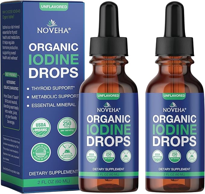NOVEHA Organic Iodine Drops - Potassium Iodide Liquid - Iodine Supplements for Thyroid & Metabolism Support, 250 mcg per Serving, USDA Organic, Vegan, Non-GMO, Gluten-Free | 30-Month Supply - 2 Fl Oz