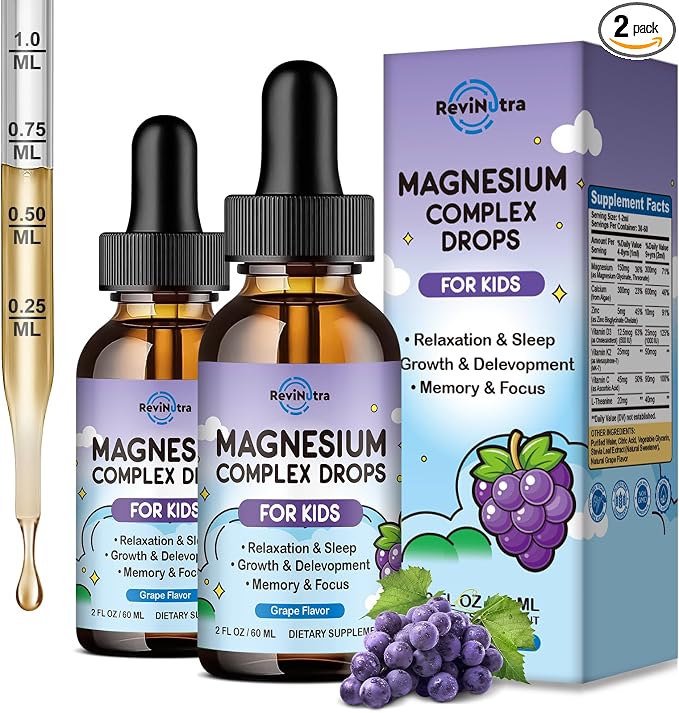 (2 Pack) Magnesium Glycinate Liquid for Kids, Kids Magnesium Liquid Drops Supplement with L-Theanine, Calcium, Zinc, Vitamin D3 K2 for Sleep Calm Relaxation Brain Bones Focus, Grape Flavor 4 Fl Oz