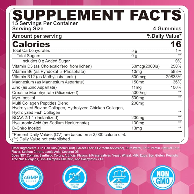 Creatine for Women Gummies, Micronized Creatine Monohydrate + Myo-Inositol, Collagen Peptides, BCAAs, Hyaluronic Acid, Vitamin B6 B12, Zinc for Enërgy, Föcus, Hörmonal Balance, Sugar Free, 120 Counts