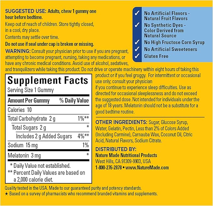 Nature Made Time Release Melatonin 3mg Gummies,100% Drug Free Sleep Aid for Adults,60 Melatonin Gummies,60 Day Supply,(Pack of 2)