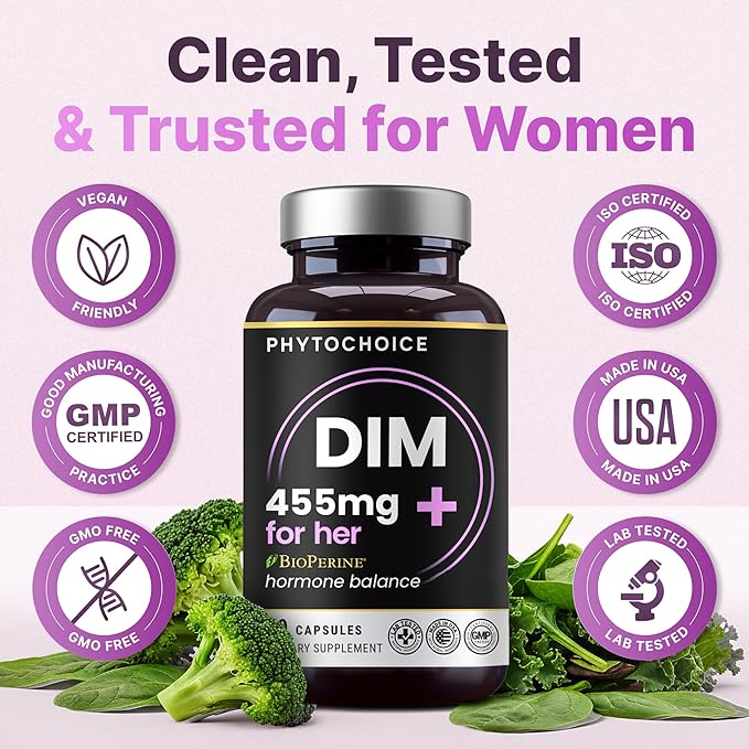 DIM for Women 350mg High Potency with BioPerine® & Broccoli Extract – 455mg Total Complex for Hormone Balance, Estrogen Metabolism, PMS & Menopause Support, Clear Skin & Women’s Wellness, 60 Capsules