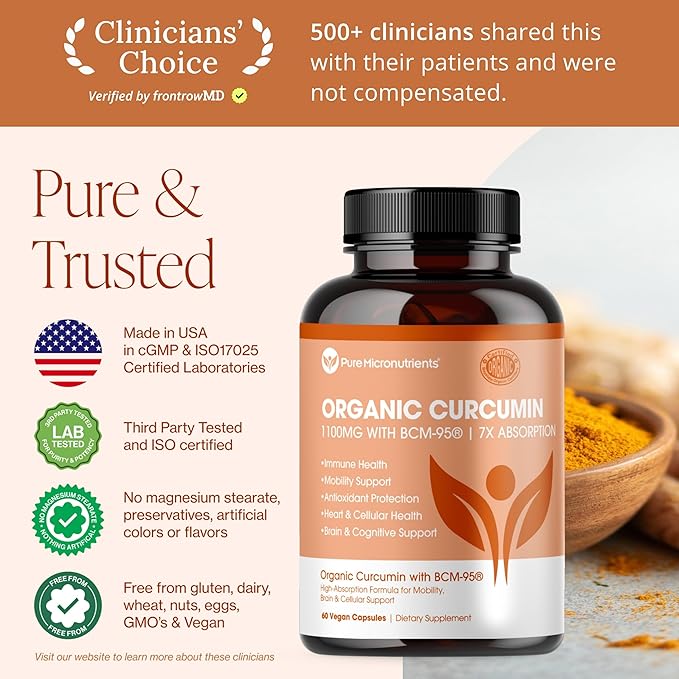 Organic Turmeric Curcumin with Black Pepper & BCM-95 - for Inflammatory Support, Brain & Immune Health - 60 Vegan Turmeric Capsules, 1000mg Per Serve - Herbal Curcumin Supplements