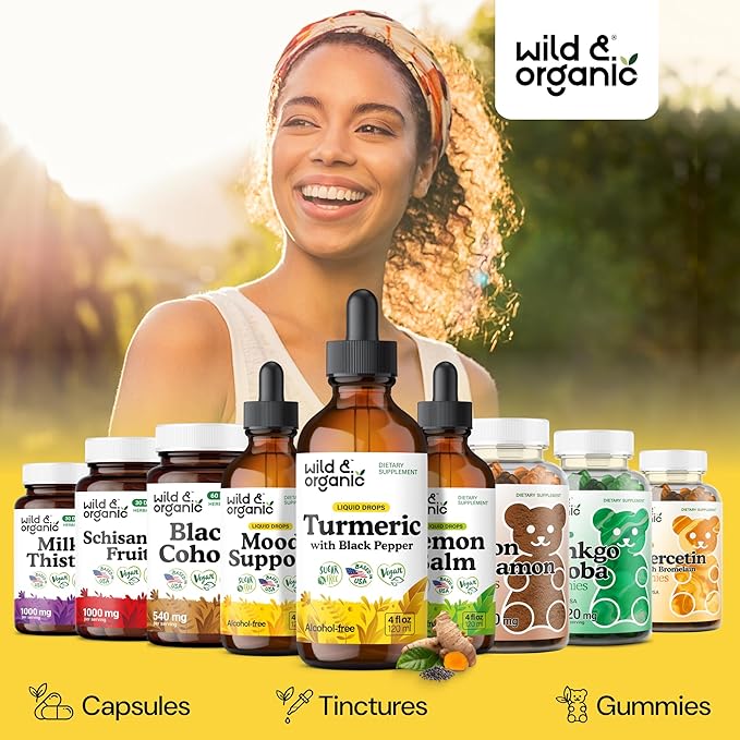 Wild & Organic Turmeric Supplement Liquid Drops - Movement & Immune Support - Liquid Turmeric with Black Pepper Extract - Add to Tea Tincture - Curcumin Supplements - Sugar & Alcohol-Free - 4 fl oz