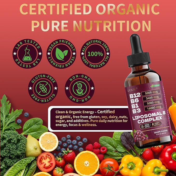 Liposomal Vitamin B Complex | Maximize Absorption Vitamin B12 Sublingual with B6,B1,B3 | Folic+Niacin | B12 Methylcobalamin Vitamins 5000mcg for Daily Energy,Focus,Mood,Nerves & Brain