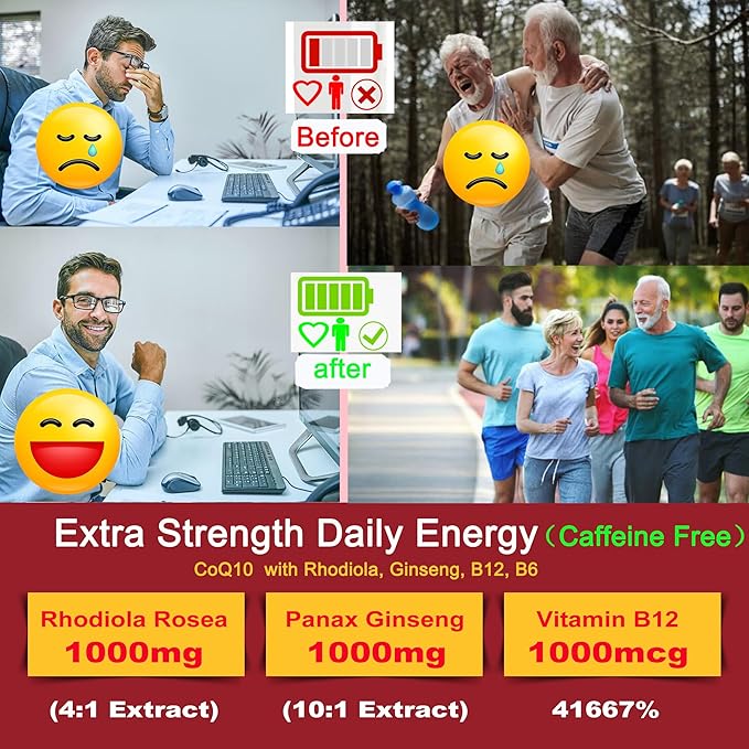 Sugar Free CoQ10 Gummies 200mg/400mg, w/ Methyl B12 1000mcg, B6, Rhodiola Rosea & Panax Ginseng, Ultra Absorption CoQ10 Supplement for Energy, Hear-t Health, Antioxidant & Brain Support,60-Day Supply