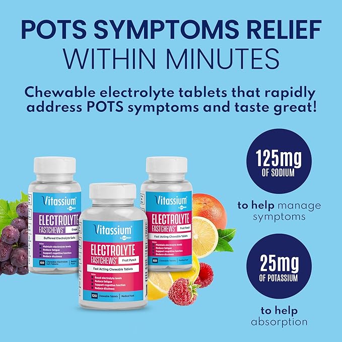 Vitassium FastChews, Chewable Electrolyte Tablets for Management of POTS and High Sodium Diets, Fast-Acting Sodium Tablets, Grape Flavor, 60 Count