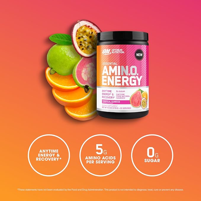 Optimum Nutrition Amino Energy - Pre Workout with Green Tea, BCAA, Amino Acids, Keto Friendly, Green Coffee Extract, Energy Powder - Tropical Sunrise, 9.5 Ounce, 30 Servings (Packaging May Vary)