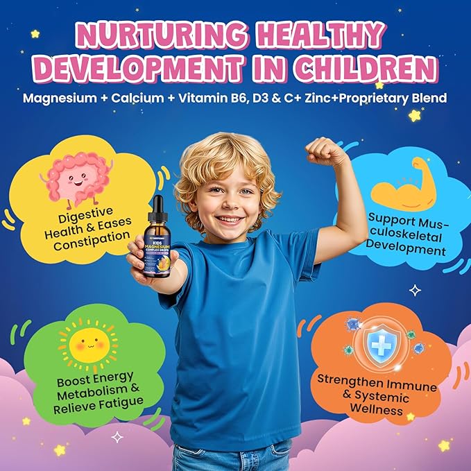 Magnesium Complex Liquid for Kids - Magnesium Glycinate, Malate, Taurate, Citrate with Calcium, Omega-3, L-theanine, Zinc,Vitamin B6 D3 C for Sleep, Relaxation, Calm & Focus, Pineapple Flavor, 2 Fl Oz