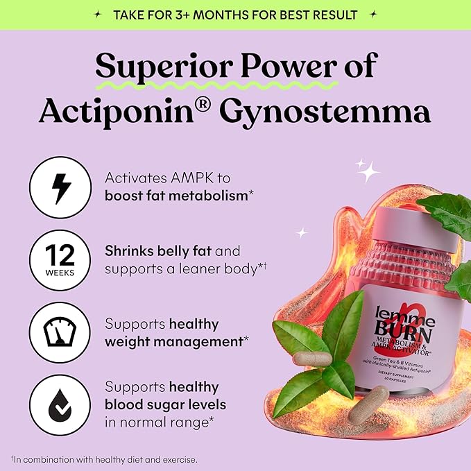 Lemme Burn - Metabolism, Belly Fat Burning + AMPK Activating Supplement for Men & Women w/Clinically Studied Actiponin Gynostemma, Green Tea Extract, Vitamins B6 & B12 - Gluten Free, 60 Count