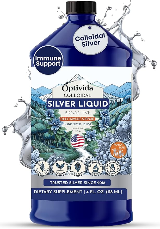 Optivida Colloidal Silver Liquid - 10 PPM Liquid Silver Immune Support, Pure Nano Silver Hydrosol Liquid for Family Wellness - Natural Silver Water for Adults & Kids, Non-GMO, 3rd Party Tested - 32 Oz