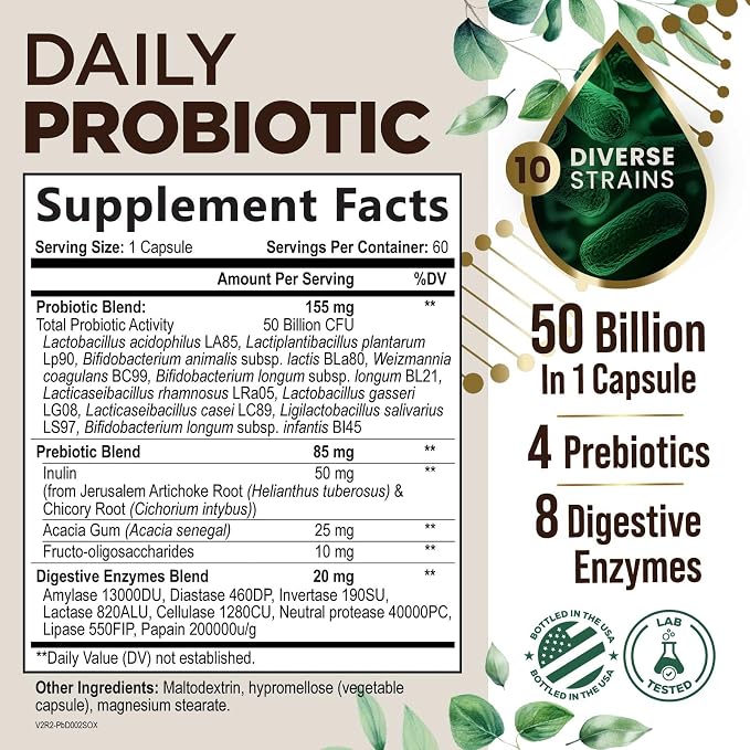 Probiotics 50 Billion CFU per Serving - 10 Strains + Prebiotics - Digestive Health, Gut & Immune Support - Occasional Constipation, Gas & Bloating Support for Women & Men, Bottled USA - 60 Capsules