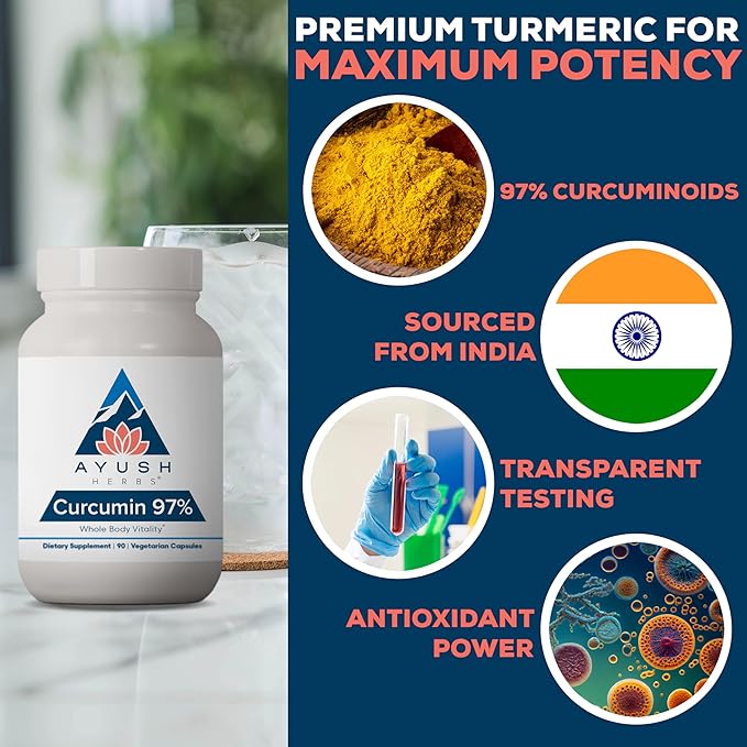 Ayush Herbs Curcumin 97% - Curcumin Supplements, Premium Turmeric Root Supplement, Curcuminoids for Women & Men, Adults, Premium Joint Support, Strength & Vitality - 90 Vegetarian Capsules (1 Count)