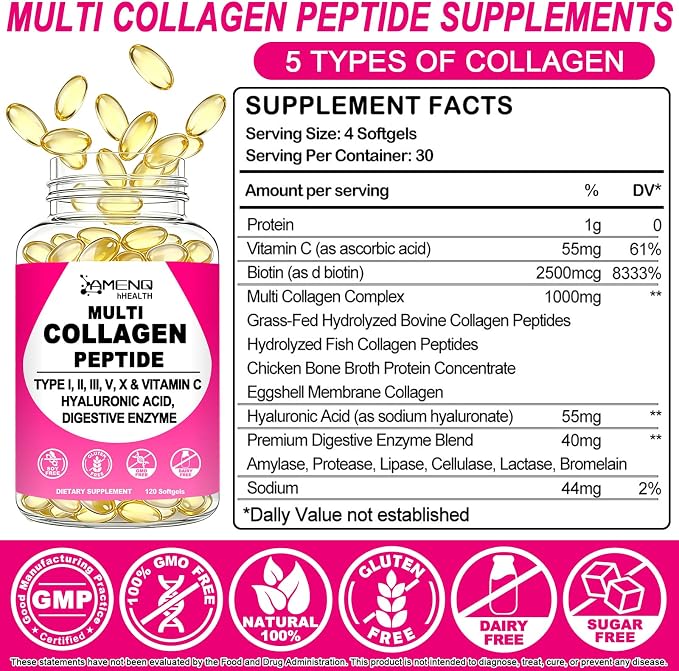 Collagen Supplements for Women & Men, Hydrolyzed Multi Collagen Peptides | Types I, II, III, V, X, Hydrolyzed Collagen Protein w. Hyaluronic Acid Biotin & Vitamin C, Hair, Skin & Nails Beauty Complex